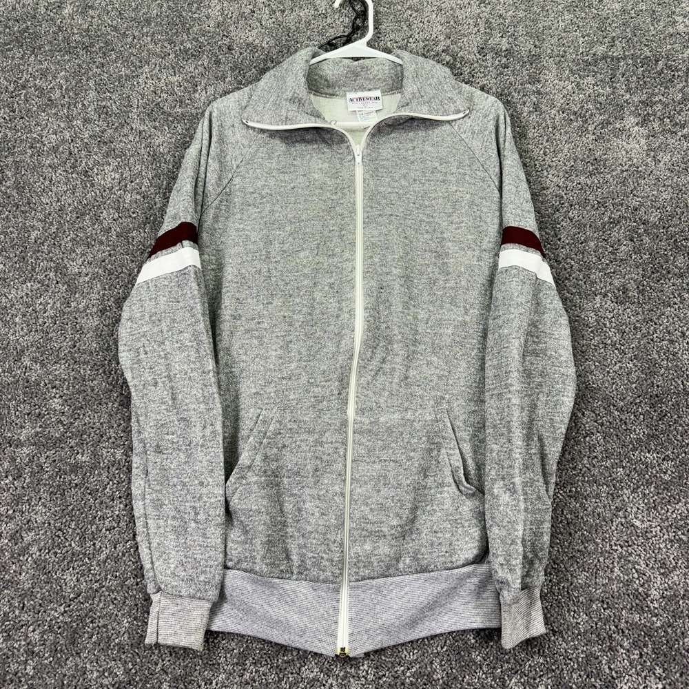 Vtg Activewear Sweatshirt Mens LT Gray Track Full Zip Striped Sleeves Athletic